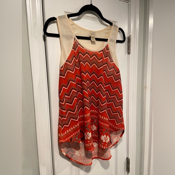 Eyelash Couture Size M Sheer Racerback Red Cream Western Aztec Print Tank Top - Picture 3 of 10